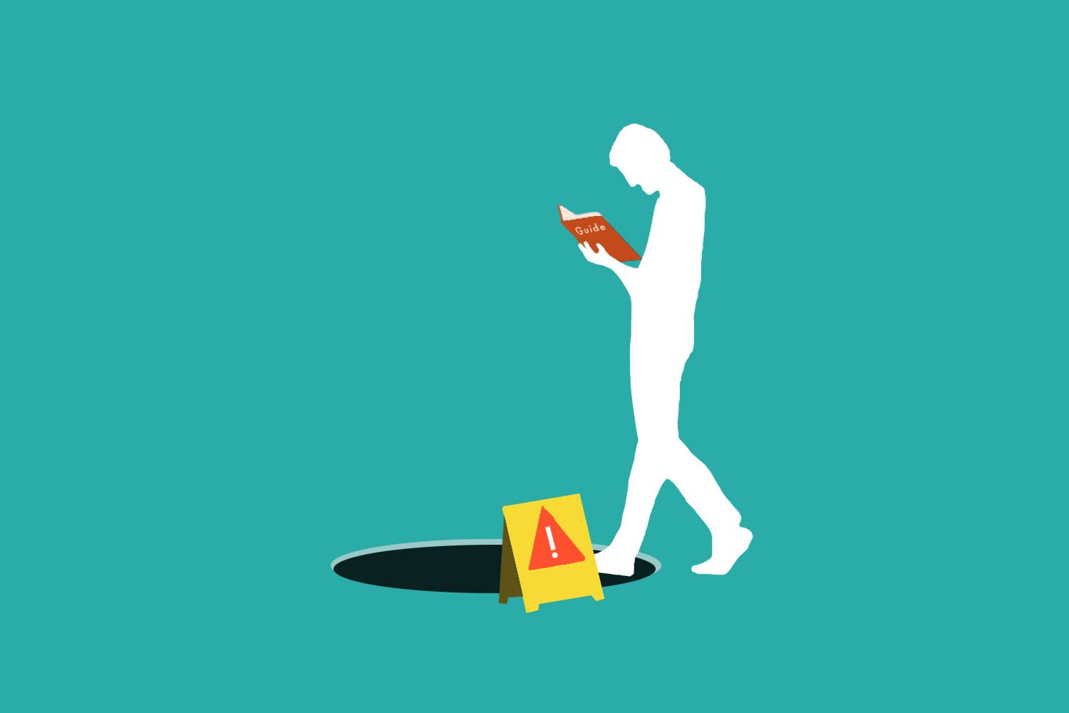 Infographic of a man with his head in a book reading a “Guide to Success” while stepping over a hole with a “caution” sign next to it