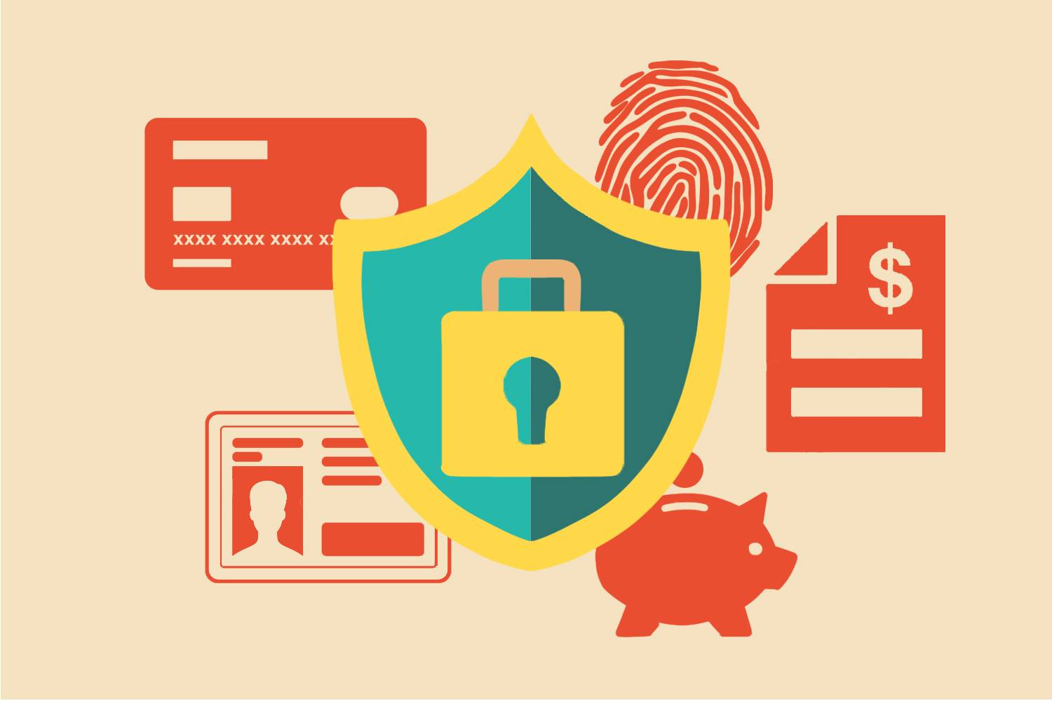 Infographic of a shield with lock and keyhole over images of a credit card, ID, finger print, piggy bank and financial statement