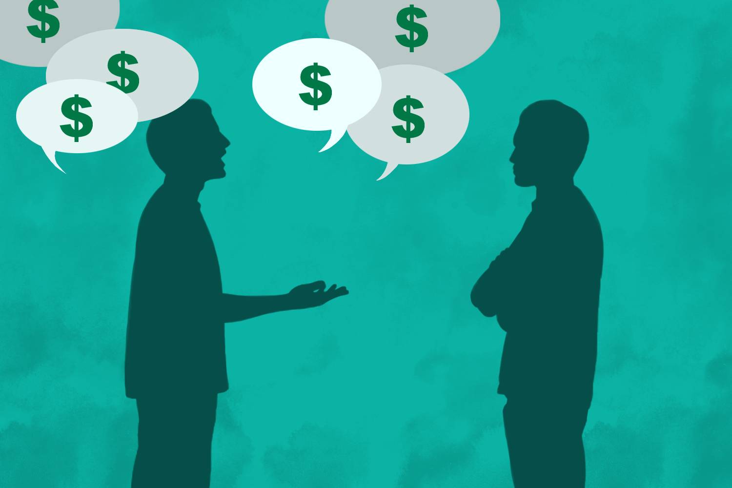 Infographic of two people, one talking about money with dollar symbols in conversation bubbles and the other listening with his arms folded in a skeptical way