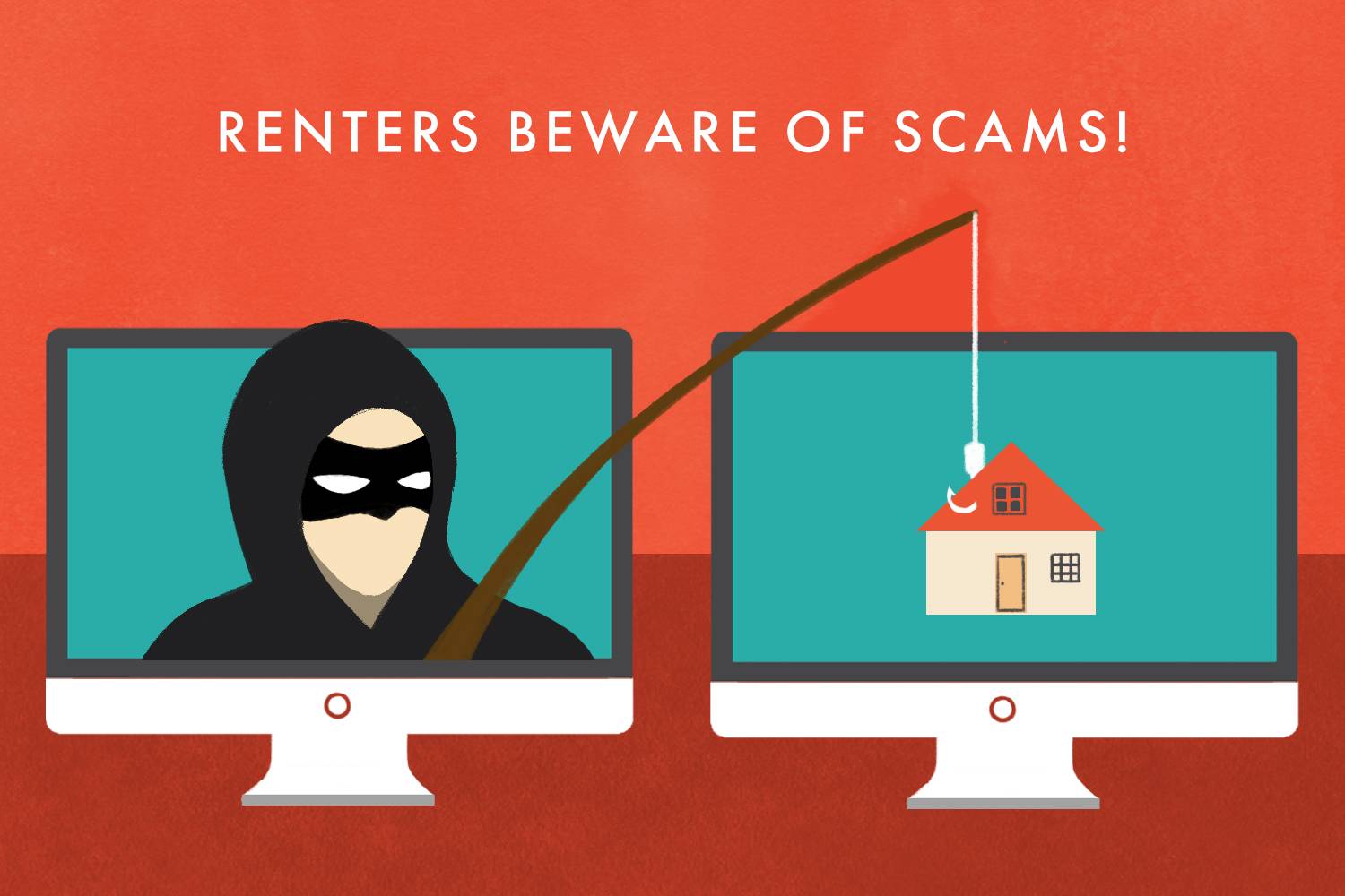 Infographic of a masked man on a computer screen with a fishing hook caught on an online property listing on an adjacent computer screen