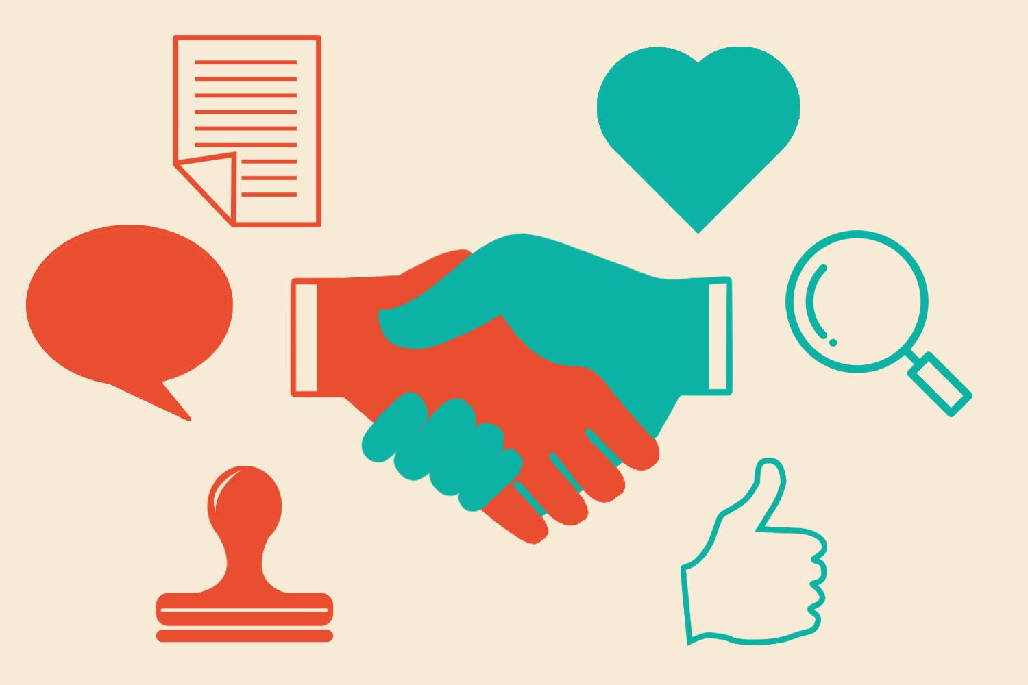 Infographic of a handshake with symbols of a stamp, document, and conversation bubble on one side and a thumbs up, search icon and heart on the other side representing two sides to a transaction 