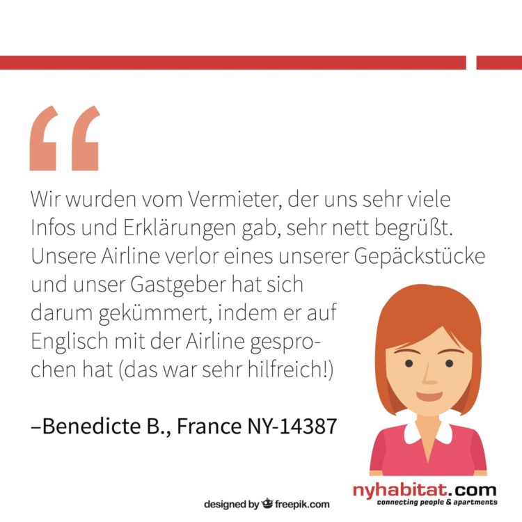 New York Habitat Informationsgrafik mit Kundenbewertungen von früheren Appartementbewohnern, die die Vorteile sich mit dem Gastgeber eines Appartements in kontaktzusetzen, beschreiben.