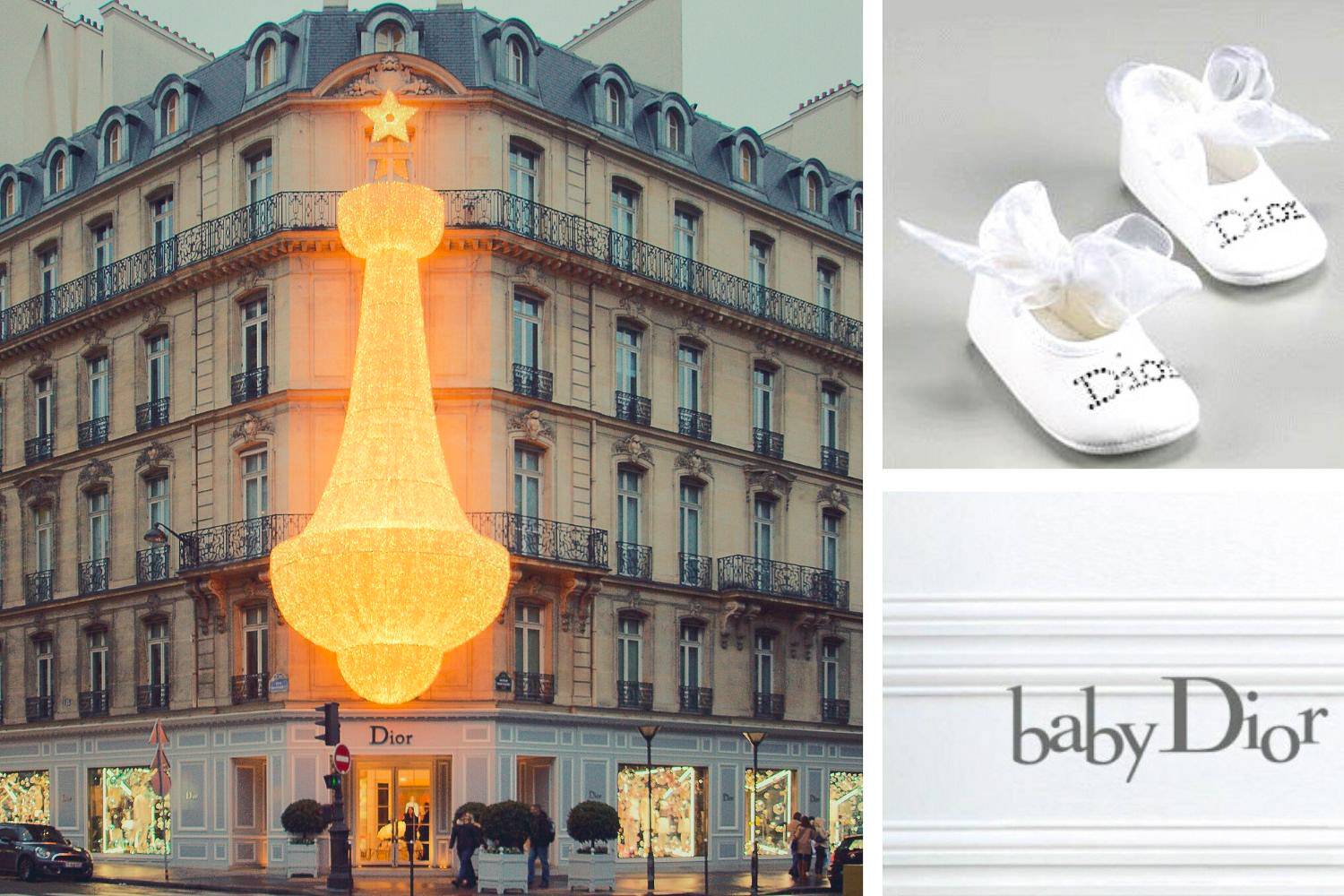 Kollage mit dem Eingang eines Dior-Geschäftes in Paris, einem Baby Dior-Schild und weißen Baby-Schuhen mit einer weißen Schleife und „Dior”-Schriftzug in Kristallen