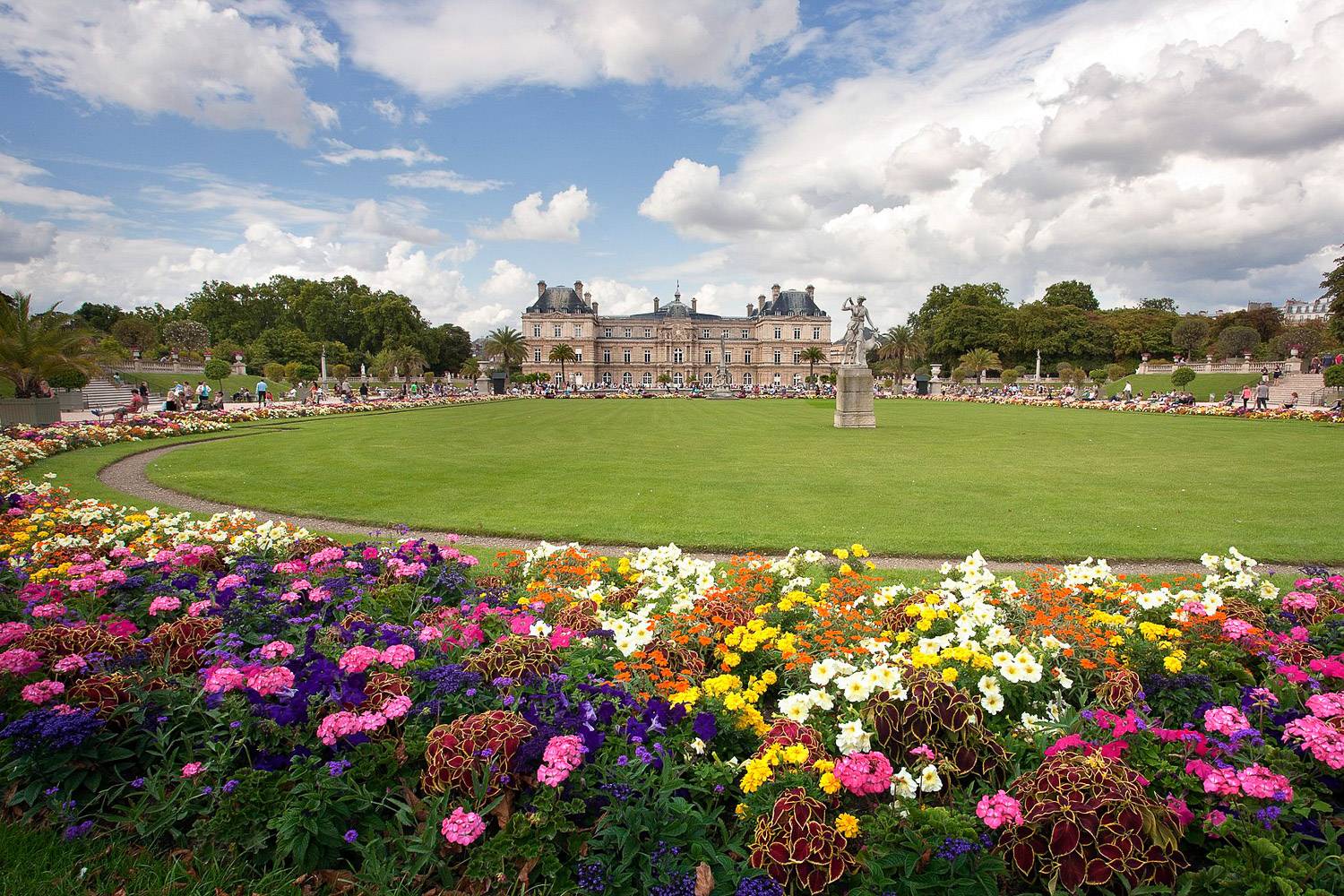 Bild des Jardin du Luxembourg in Paris mit einer großen ovalen Grünfläche, die von bunten Blumen umgeben ist