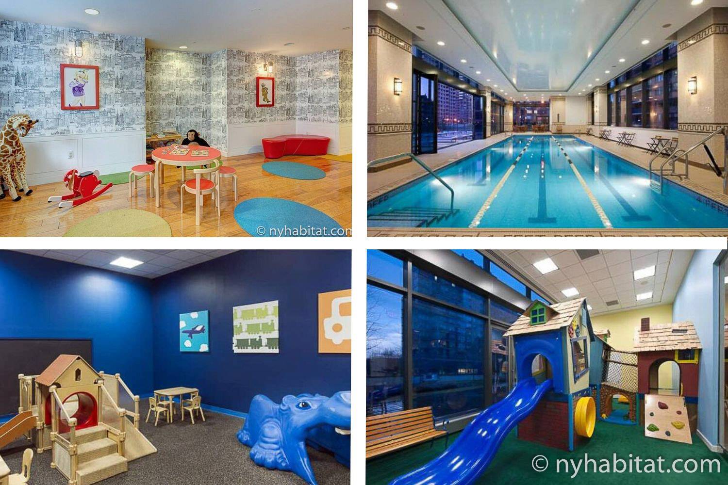 Bildkollage von einem Kinder-Spielzimmer und einem Indoor-Pool in Wohngebäuden in New York