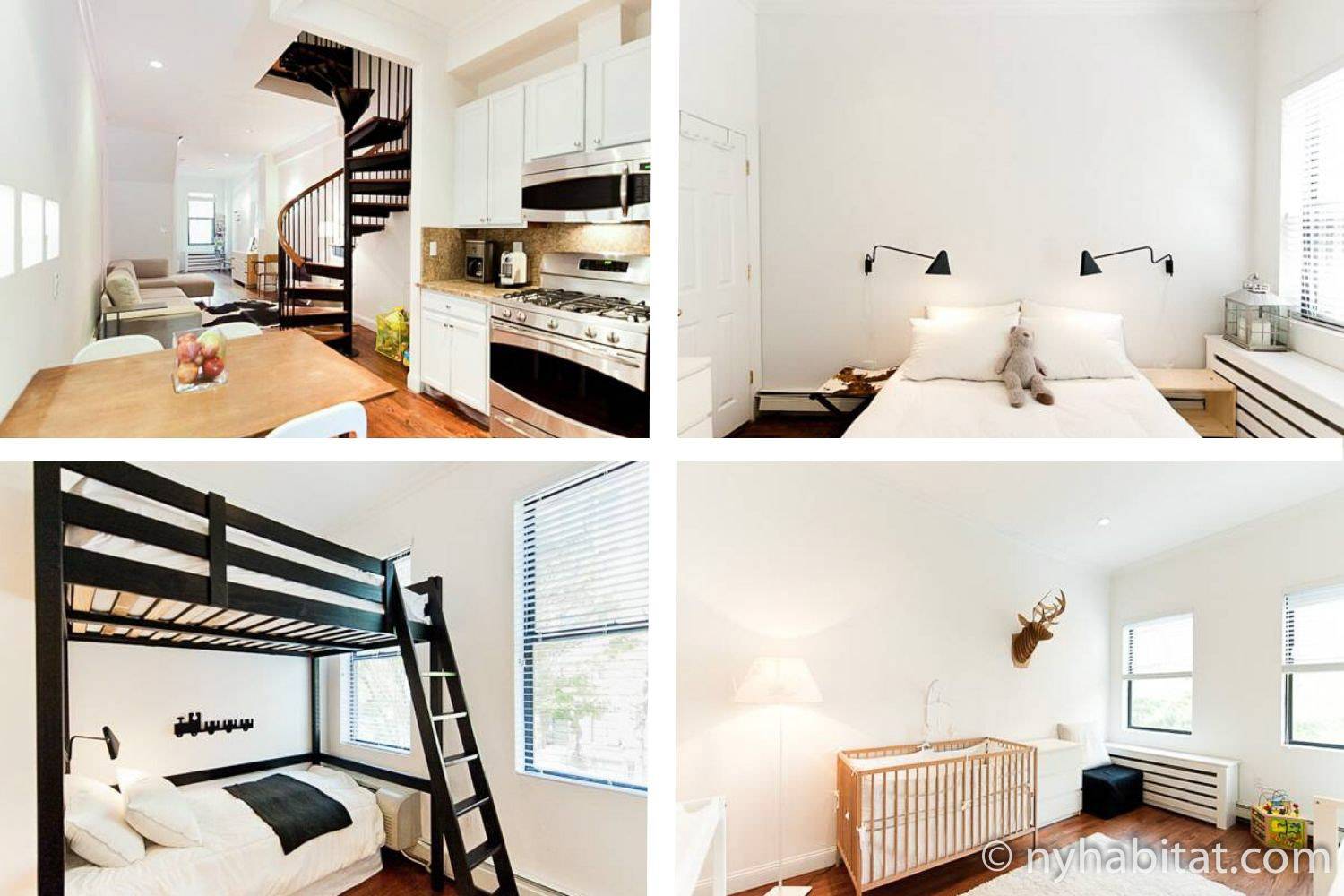 Bildkollage von einem Schlafzimmer mit Etagenbetten und Babybett und Küche der möblierten Wohnung in Harlem NY-17189