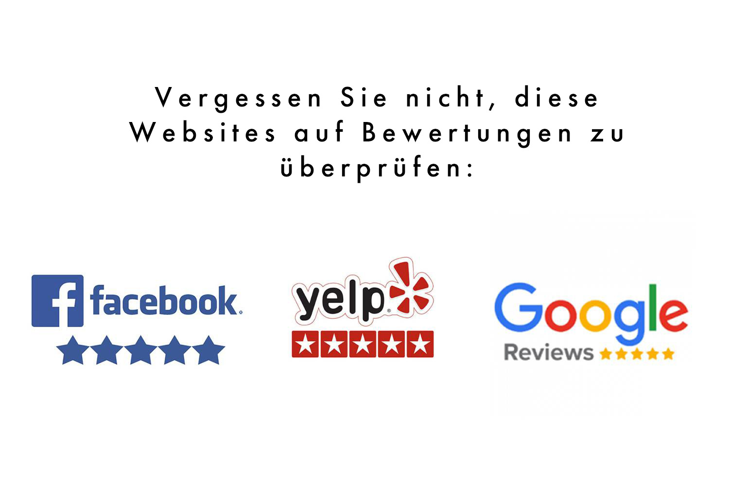 Darstellung, auf welcher steht: “don’t forget to check on these sites for reviews” mit Icons von Facebook, Yelp und Google Reviews