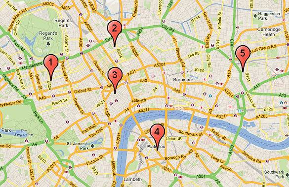 Stadtkarte mit unseren Top 5 der besten Fish-and-Chips-Läden in London