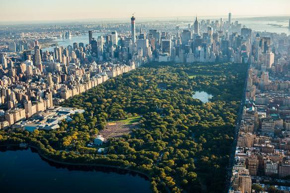 Luftbild des Central Parks mit einem See und einer Skyline von Wohnhäusern