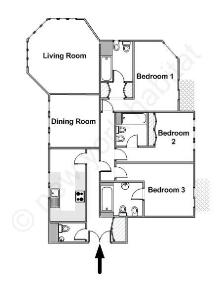 London 3 Bedroom accommodation - apartment layout  (LN-862)