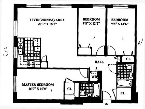 New York 3 Bedroom roommate share apartment - apartment layout  (NY-14020)