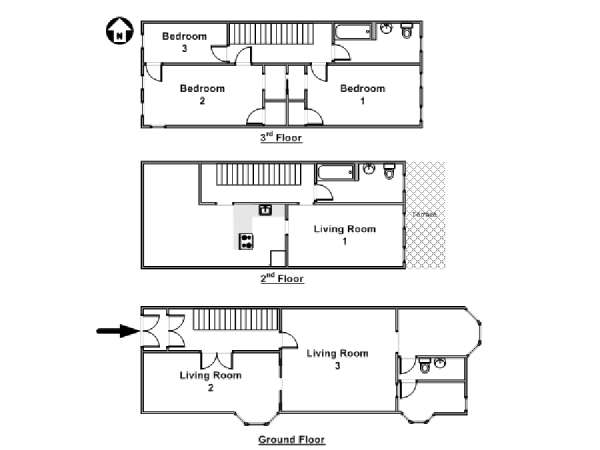 New York 3 Bedroom - Triplex apartment - apartment layout  (NY-14369)