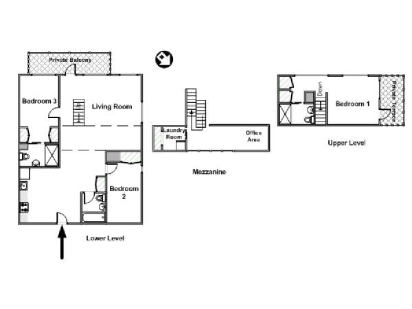 New York 3 Bedroom - Triplex apartment - apartment layout  (NY-16053)