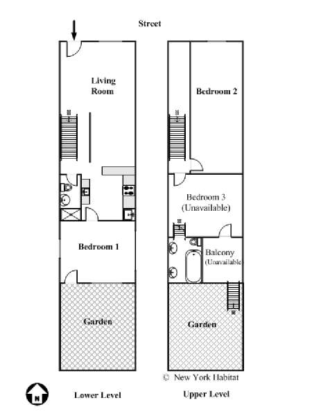 New York 3 Bedroom - Duplex roommate share apartment - apartment layout  (NY-16102)