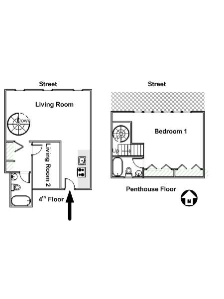 New York 1 Camera da letto - Duplex appartamento - piantina approssimativa dell' appartamento  (NY-16947)