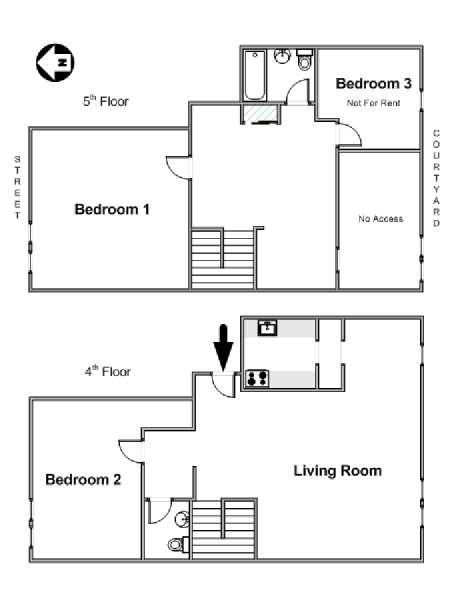 New York 3 Bedroom - Duplex roommate share apartment - apartment layout  (NY-17088)