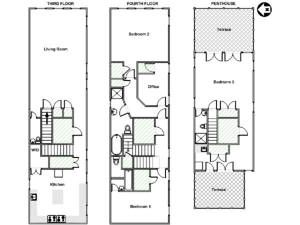 New York 3 Bedroom - Triplex apartment - apartment layout  (NY-17977)