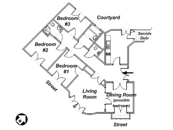 Paris 3 Bedroom apartment - apartment layout  (PA-2668)