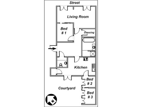 Paris 3 Bedroom accommodation - apartment layout  (PA-3085)