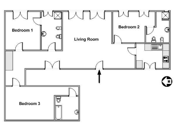 Paris 3 Bedroom accommodation - apartment layout  (PA-3380)