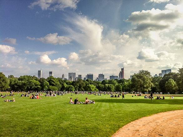 Photo de la Great Lawn de Central Park et des tours de Manhattan, New York au loin