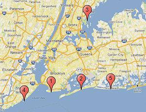Cf. les points numérotés pour l’emplacement des cinq meilleures plages de New York et de ses alentours