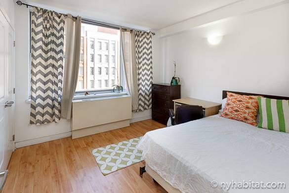 Photo d’une chambre jouissant d’un bel éclairage naturel et meublée d’un lit double et d’un bureau dans l’appartement NY-16161