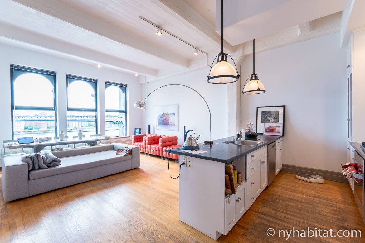 Photo du salon de l’appartement NY-14834 à DUMBO avec vue sur le pont de Brooklyn