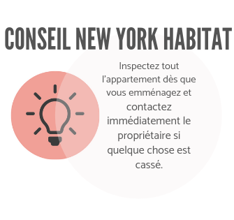 Infographie New York Habitat encourageant les locataires à inspecter leur appartement et à contacter le propriétaire pour des réparations.