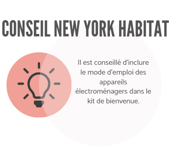 Infographie conseillant aux propriétaires d’inclure les instructions d’utilisation des appareils électroménagers dans leur kit de bienvenue.