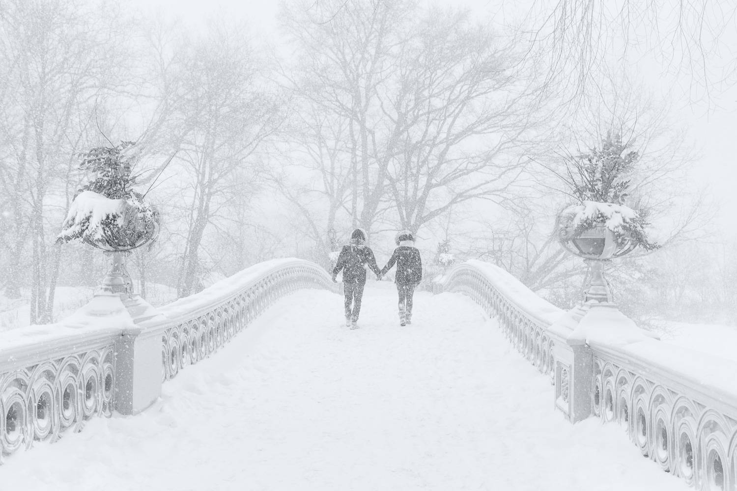 Image d’un couple traversant le Bow Bridge enneigé dans Central Park à New York (Crédit Photo : Shutterstock)