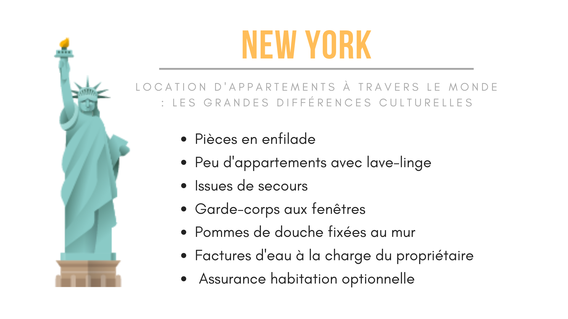Infographie de New York Habitat expliquant les particularités des locations à New York.