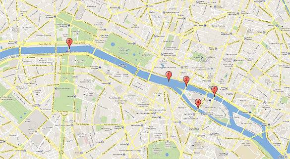Mappa indicante alcuni dei ponti che collegano le due rive della Senna