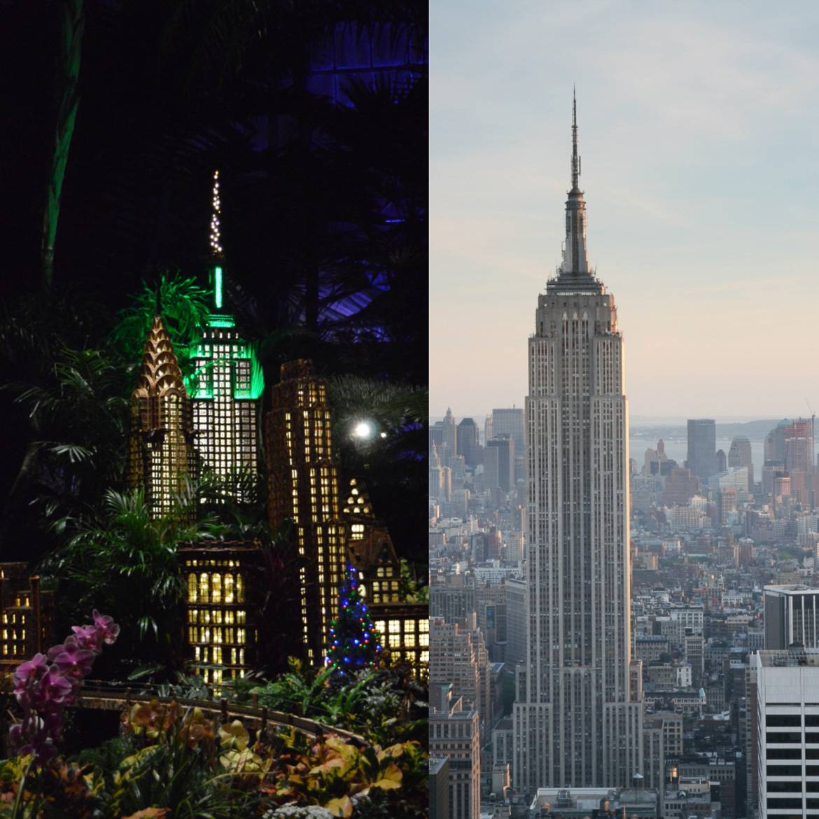 Immagine di un modellino dell’Empire State Building e del Chrysler Building e altri edifici e immagine dell’Empire State Building che si staglia sullo skyline di Manhattan