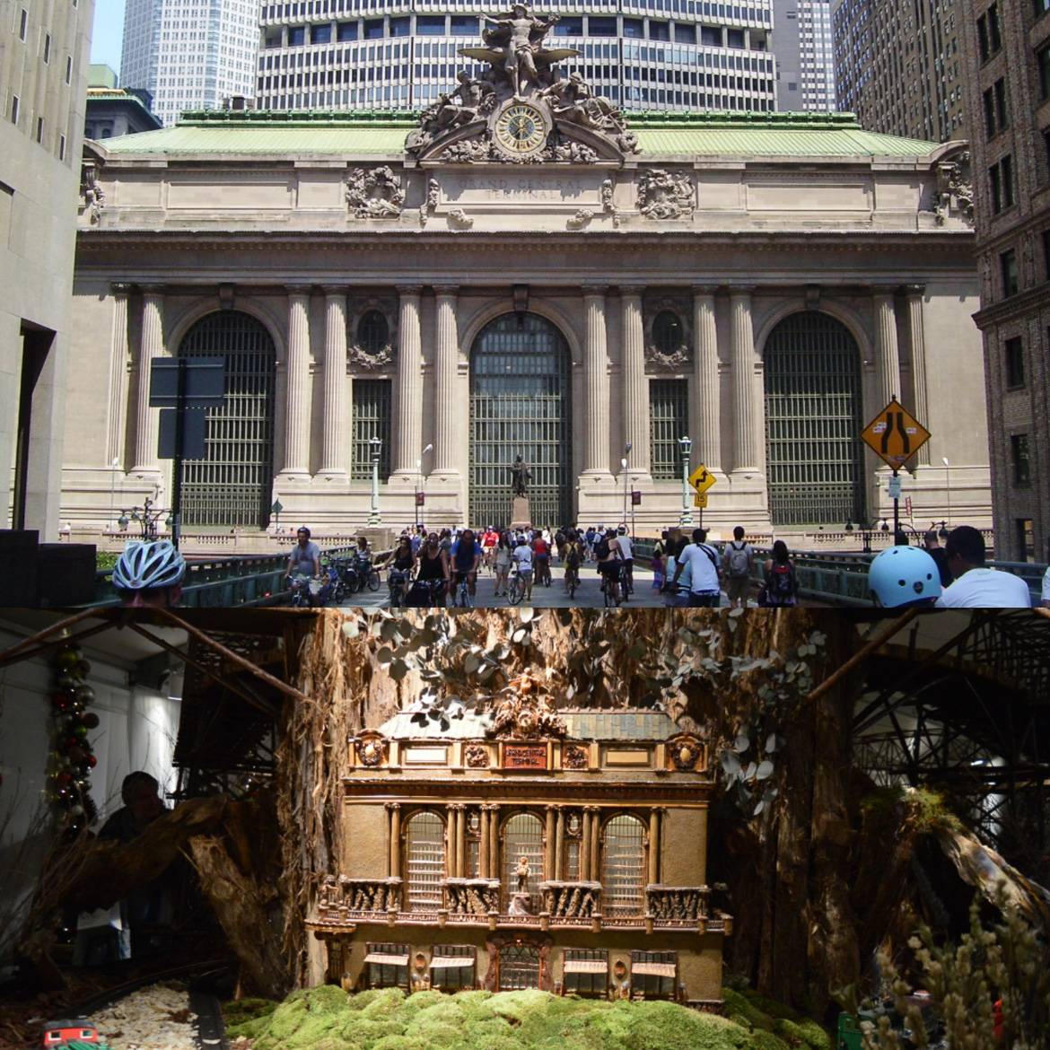 Immagine del modellino della Grand Central Terminal fatta di cortecce e immagine della Grand Central Terminal con ciclisti nella strada frontale
