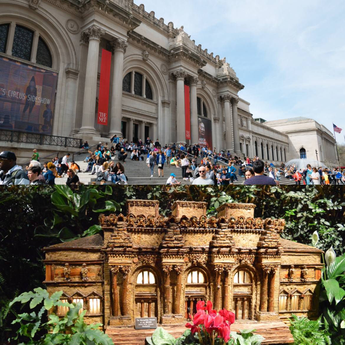 Immagine di un modellino del Metropolitan Museum of Art e immagine di persone sedute sulla scalinata del Metropolitan Museum of Art a Manhattan