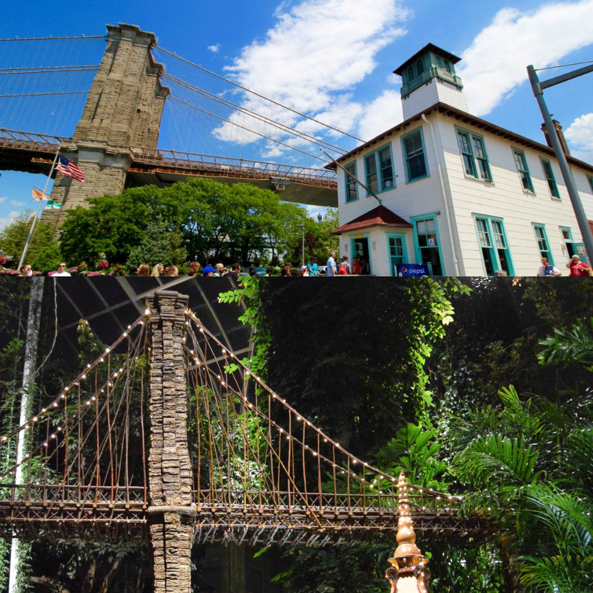 Immagine di un modellino del Ponte di Brooklyn e il ponte vero sull’East River