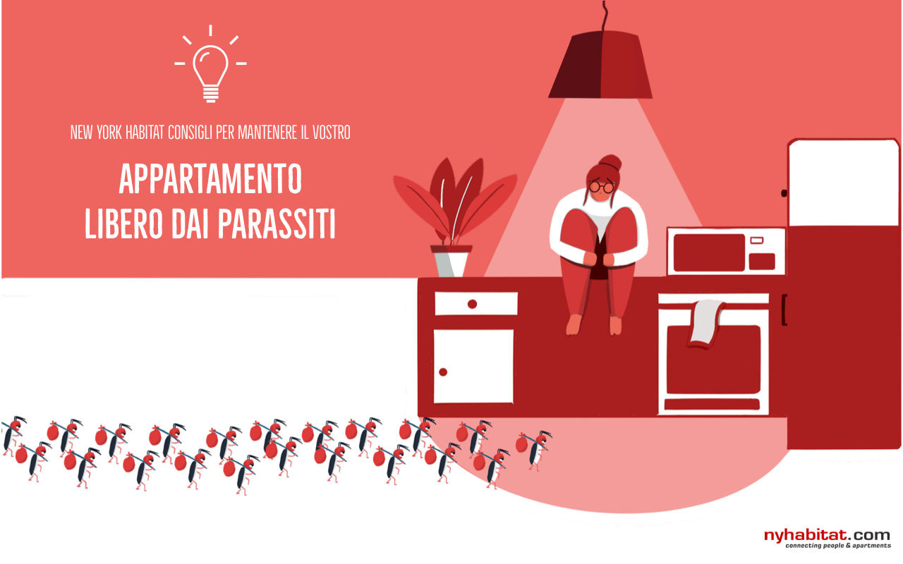 Vignetta grafica che mostra scarafaggi muoversi nell’appartamento di un inquilino spaventato.