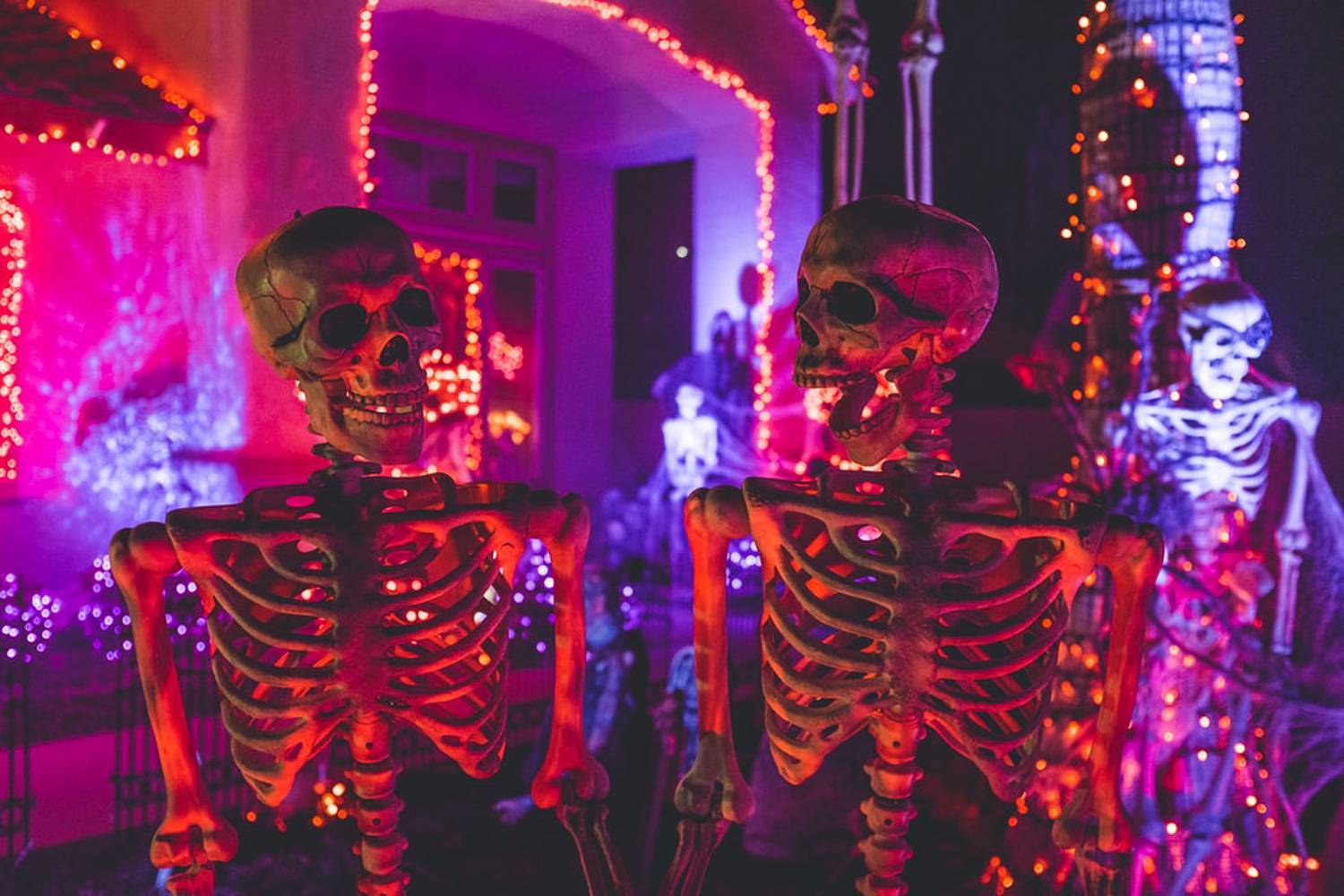 Immagine di scheletri illuminati e luci di Halloween di una notte nel Bronx.