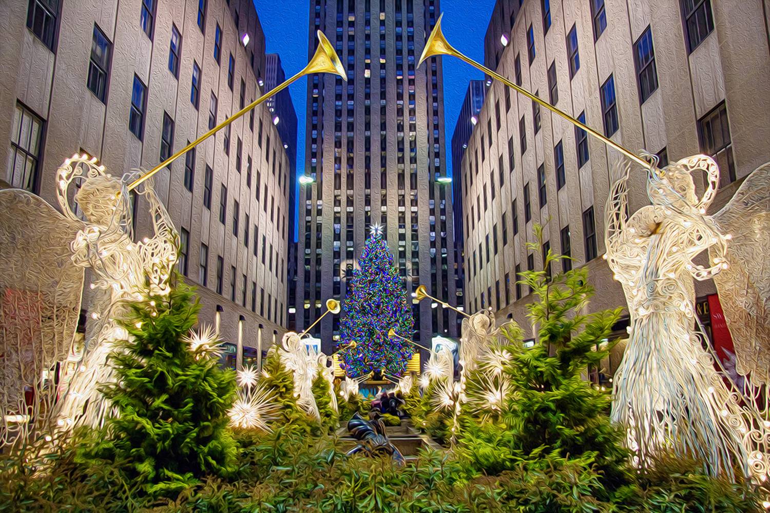 Immagine dell’albero di Natale di Rockefeller alla fine di una processione di angeli che suonano trombe