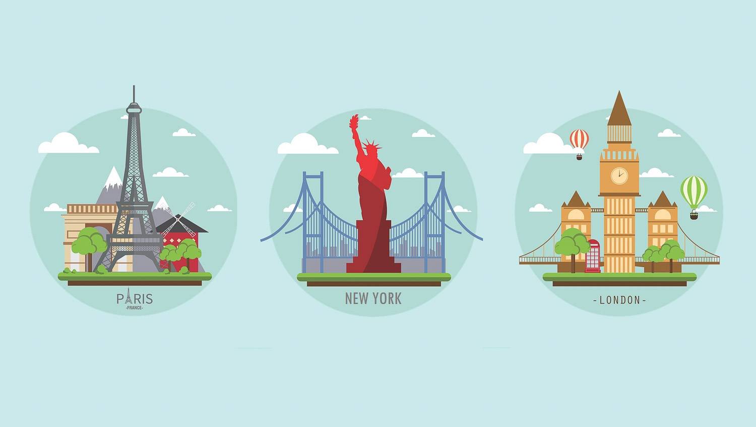 Illustrazione dei famosi punti di riferimento di Francia, New York e Londra.