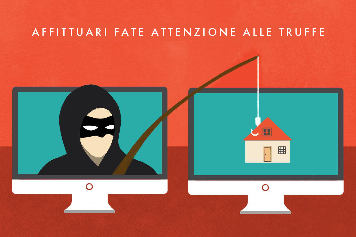 Infografica di un uomo mascherato davanti allo schermo di un computer con un amo da pesca che aggancia un’inserzione immobiliare online sullo schermo di un computer adiacente