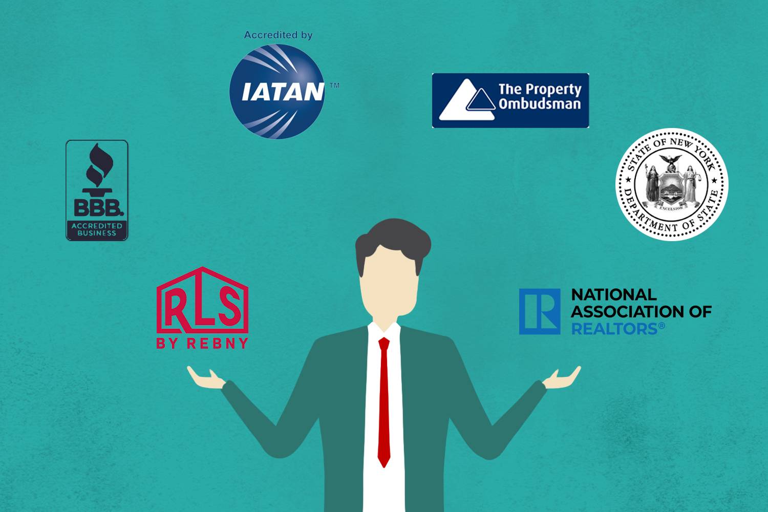 Infografica di una persona in giacca e cravatta circondata dalle icone del Better Business Burea, IATAN, REBNY, National Association of Realtors, NY State Department of State e The Property Ombudsman