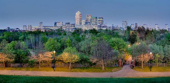 Canary Wharf, in the East End of London, as seen from Stave Hill