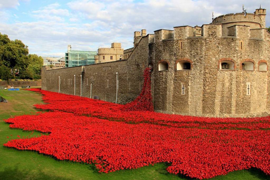 Imagen de la Torre de Londres con amapolas rojas