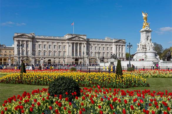 Fotografía del Palacio de Buckingham con varios lechos de flores coloridas