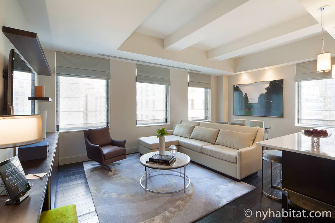 Imagen del salón del NY-16718 con un sofá, un sillón, ventanas y la mesa del comedor al fondo.