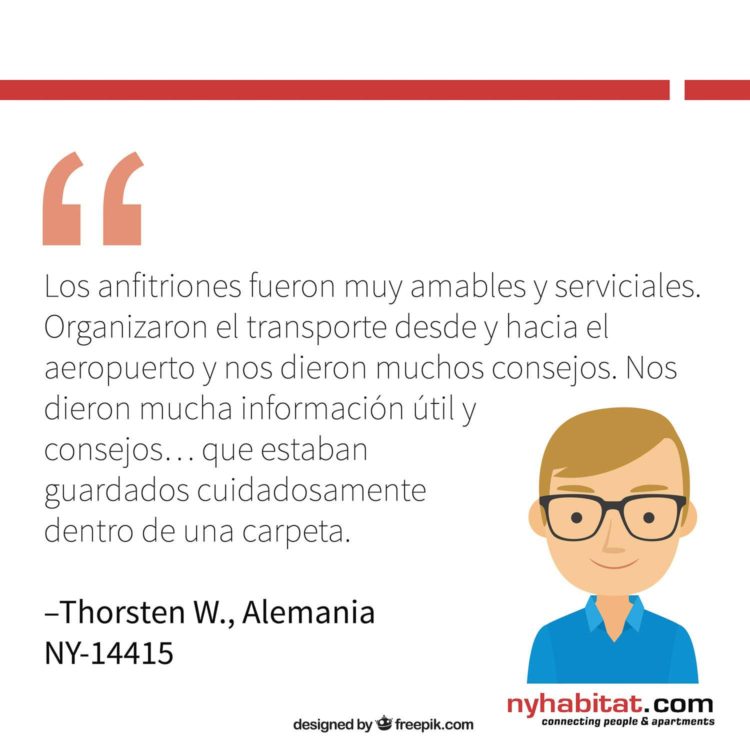 Gráfico informativo de New York Habitat de las reseñas de clientes sobre sus experiencias como inquilinos en las que describen los beneficios de comunicarse con los anfitriones.