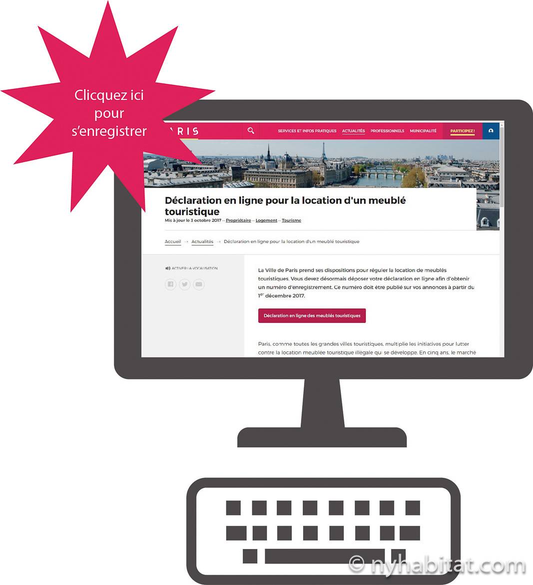 Imagen de un fondo de escritorio que presenta la sección de declaración en línea de la página web del Ayuntamiento de París para propiedades de alquiler de vacaciones