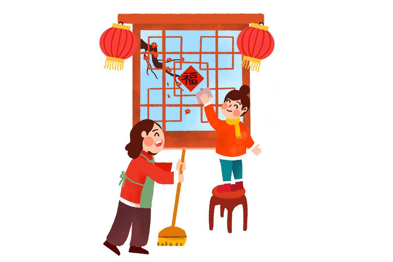 Dibujo de un niño y su madre limpiando con ventanas de diseño asiático y farolillos